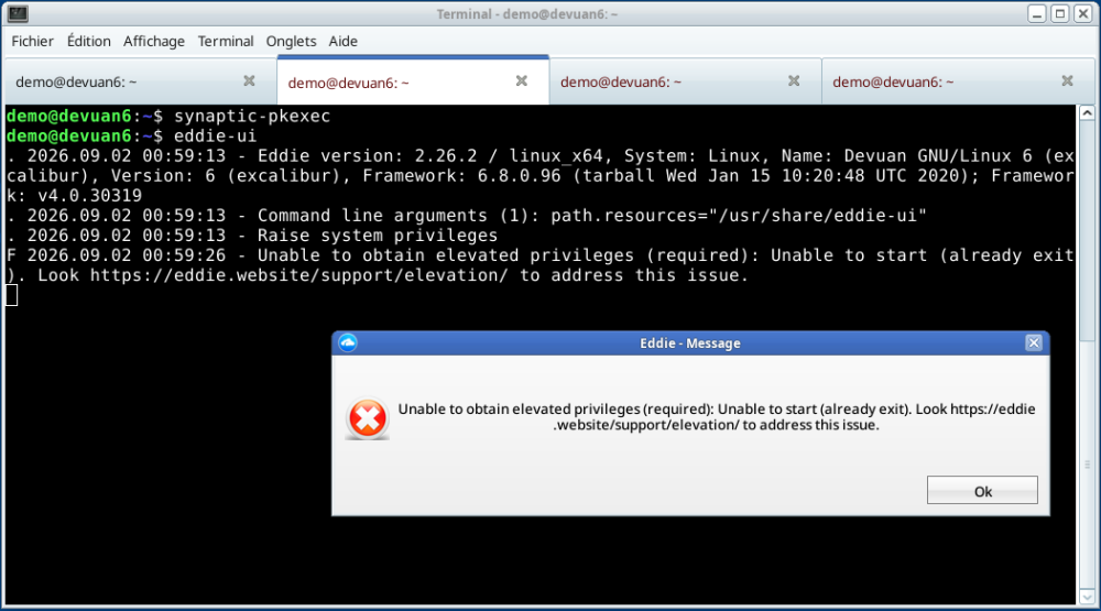 Screenshot showing that privilege escalation via pkexec on Devuan works for synaptic but not for eddie-ui 2.26.2